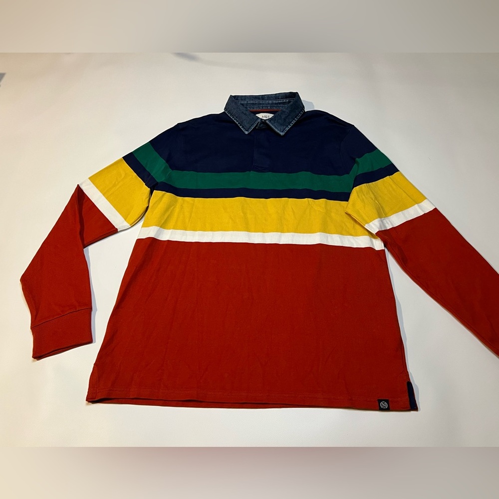 Marks & Spencer M&S Sweater Top Mens Retro Colorblock Striped Cotton Denim